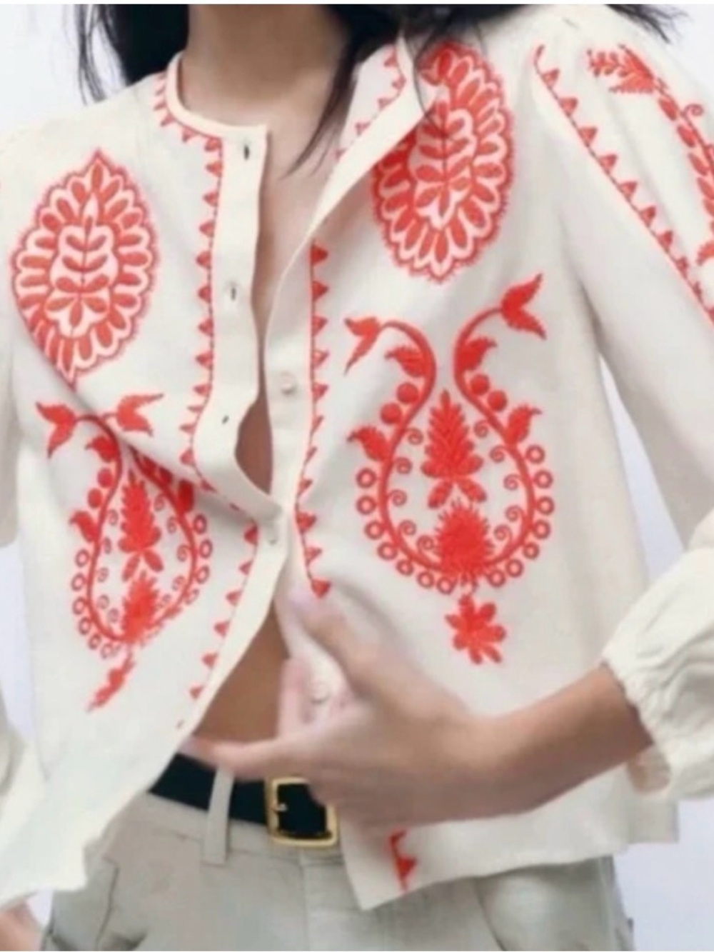 Zara White Button-Down Shirt with Bold Orange Embroidery